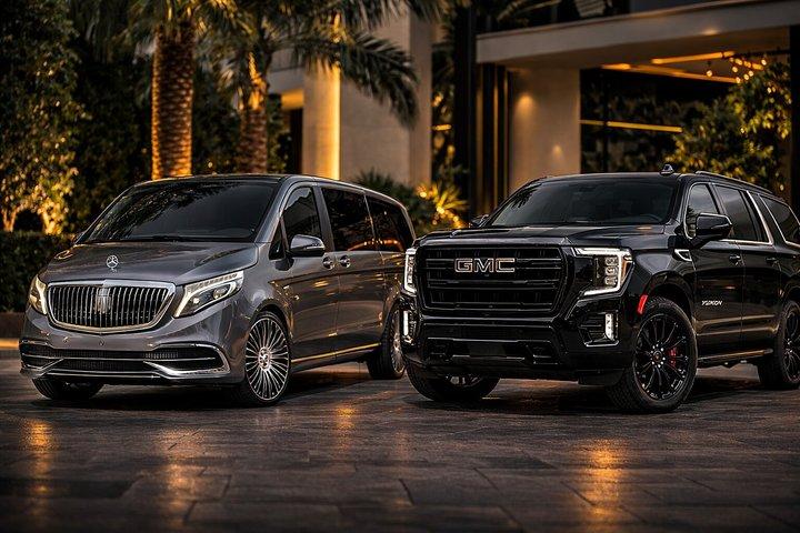 Transferts interurbains de luxe à Abu Dhabi en Mercedes Classe V ou GMC