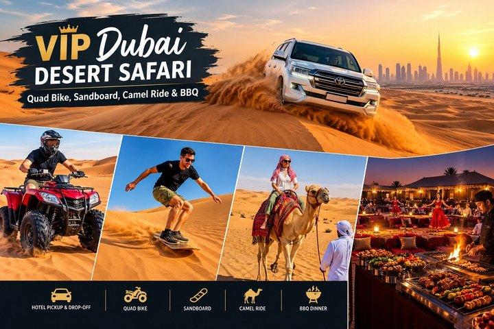 Safari dans le désert de Dubaï : Quad, Sandboard et balade en chameau avec BBQ